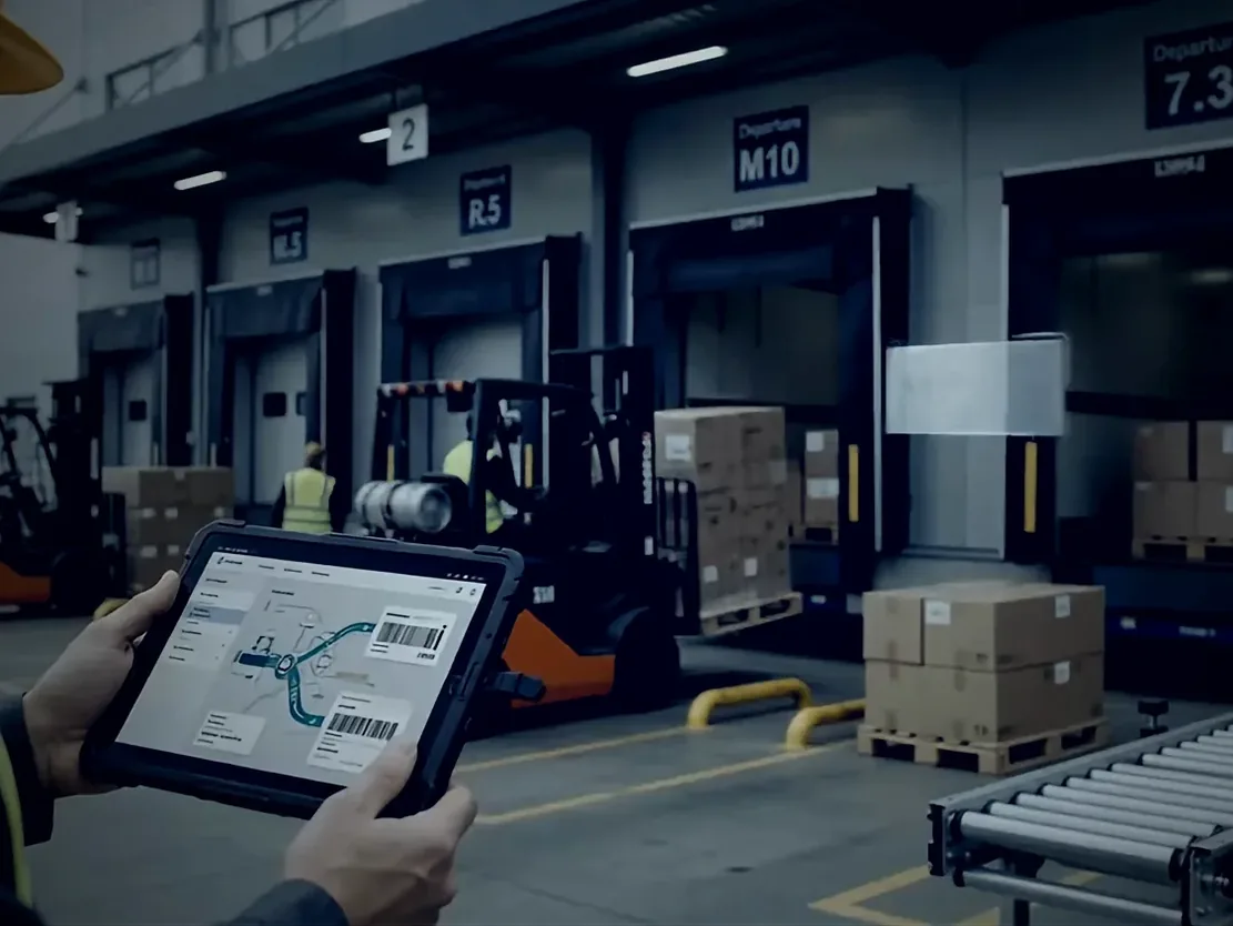 A supervisor checking a shipment on a tablet at the dock while pallets are staged and a forklift works the bay